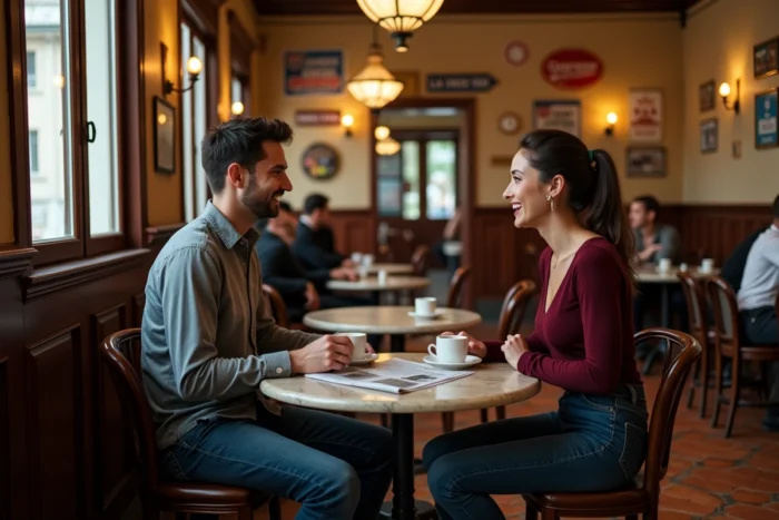 Intérieur authentique d'une brasserie française évoquant les scènes de café de la série Demain nous appartient