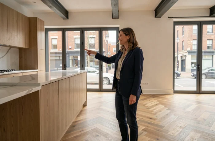 Investisseuse immobilière évaluant une rénovation complète d'un appartement avec cuisine moderne et parquet en chevrons