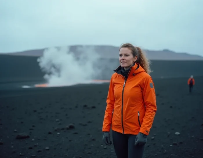 Une randonneuse seule sur les hautes terres volcaniques intérieures de l'Islande, avec des fumerolles géothermiques en arrière-plan