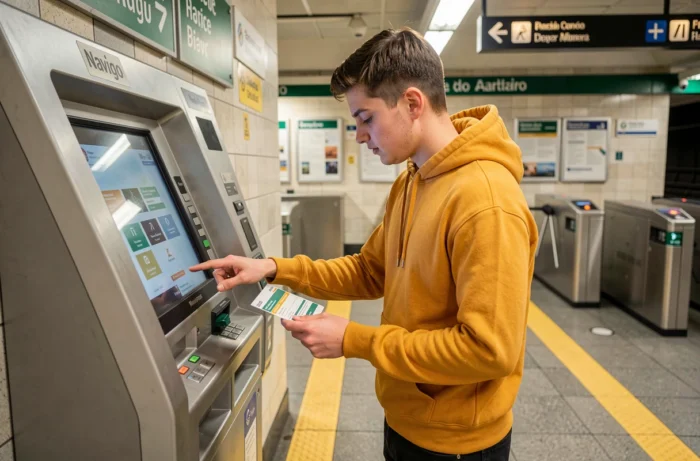 Un jeune voyageur utilise une borne Navigo en consultant son plan de zones dans le métro parisien