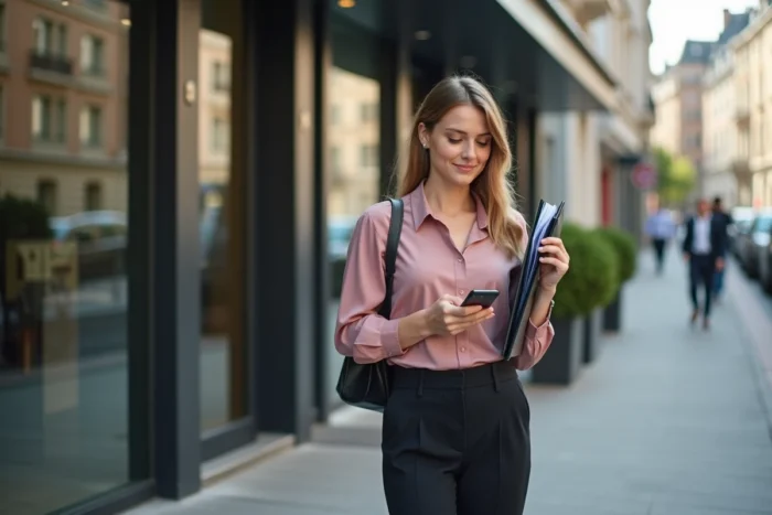 Jeune femme de 29 ans devant une agence pour l'emploi consultant son téléphone avec son CV pour décrocher un poste à 1800 euros net