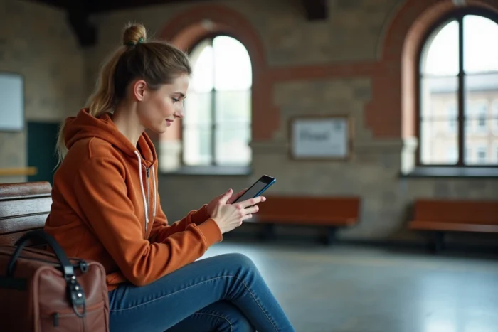 Jeune femme changeant le nom sur un billet SNCF depuis l'application mobile en salle d'attente d'une gare provinciale