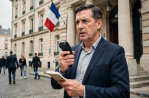 Journaliste de terrain devant une mairie française prenant des notes pour un reportage local