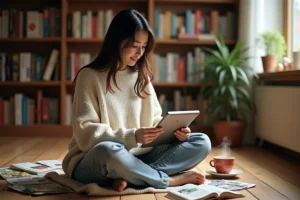 Une jeune femme assise sur un parquet lisant du manga sur une tablette, entourée de volumes et d'une tasse de thé dans un appartement chaleureux