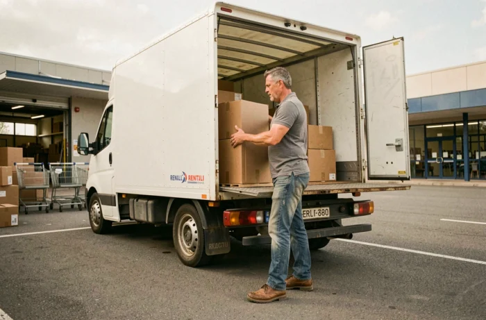 Homme chargeant des meubles dans un camion de location garé devant un magasin Conforama dans une zone commerciale