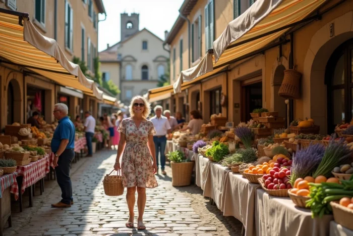 Marché provençal animé dans une place historique du sud de la France, décor typique de Demain nous appartient