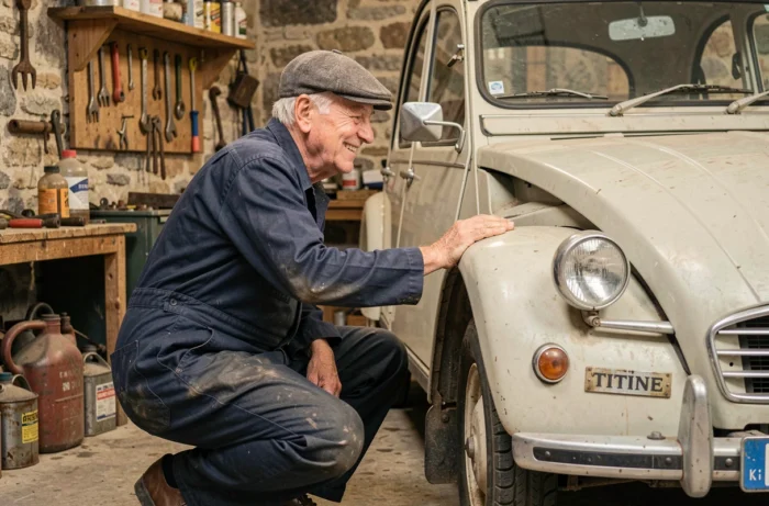 Mécanicien français âgé souriant à côté d'une Citroën 2CV classique surnommée Titine dans un garage rural