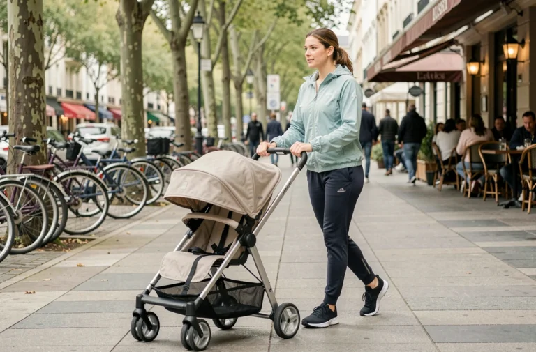 Mère active poussant une poussette légère et élégante sur un trottoir urbain