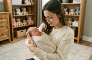 Jeune mère tenant tendrement son nouveau-né emmailloté dans une chambre de bébé décorée en tons pastel