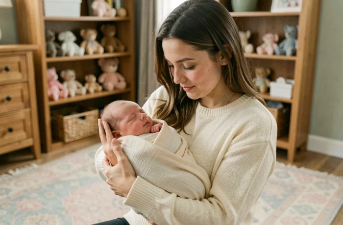 Jeune mère tenant tendrement son nouveau-né emmailloté dans une chambre de bébé décorée en tons pastel