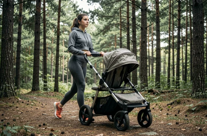 Mère sportive faisant du jogging avec une poussette légère sur un sentier forestier