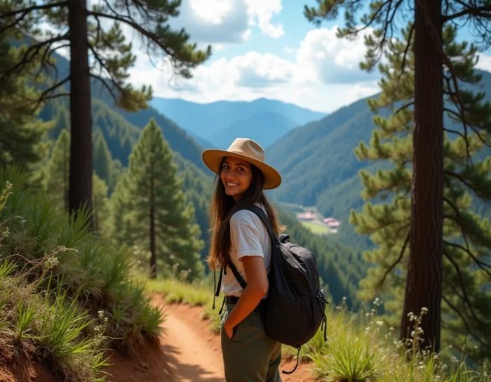 Une voyageuse sur un sentier de la Sierra Norte de Oaxaca au Mexique, entourée de pins couverts de mousse dans une forêt nuageuse