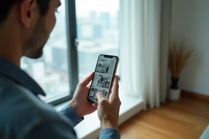 Un homme tenant un smartphone verticalement et faisant défiler des pages de manga en mode lecture continue verticale sur une application mobile