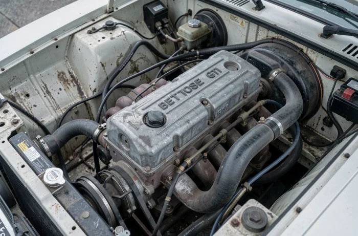 Moteur 16 soupapes de la Peugeot 305 GTI ouvert, vue plongeante sur le compartiment moteur détaillé