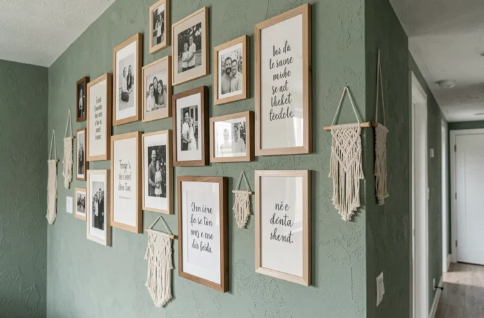 Mur galerie personnalisé avec cadres photo, affiches typographiques et suspensions en macramé dans un couloir moderne