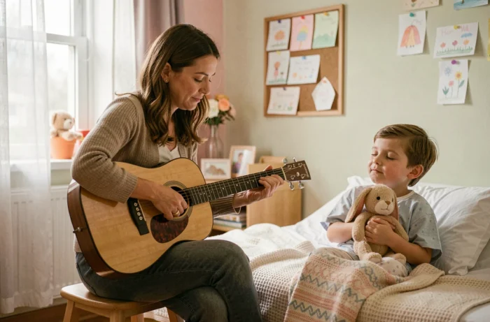 Musicothérapeute jouant de la guitare pour réconforter un enfant hospitalisé dans une chambre pédiatrique apaisante