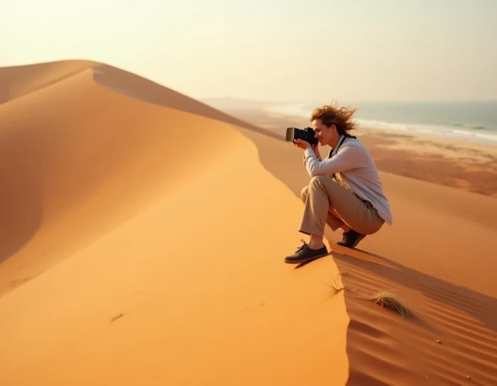 Une photographe au sommet d'une dune ocre du désert du Namib en Namibie, avec la Skeleton Coast visible à l'horizon