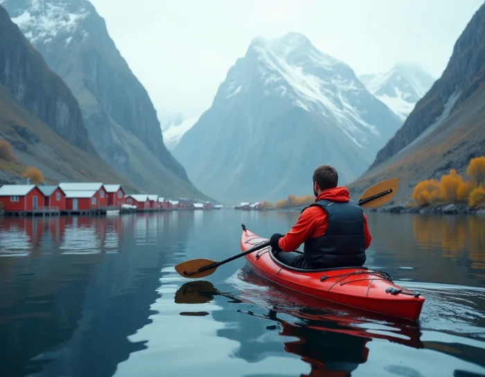 Un kayakiste pagayant dans les eaux calmes des îles Lofoten en Norvège, avec des chalets rouges et des montagnes enneigées en arrière-plan
