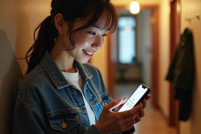 Une jeune femme souriante recevant une notification sur son smartphone l'alertant de la sortie d'un nouveau chapitre d'une série manga suivie
