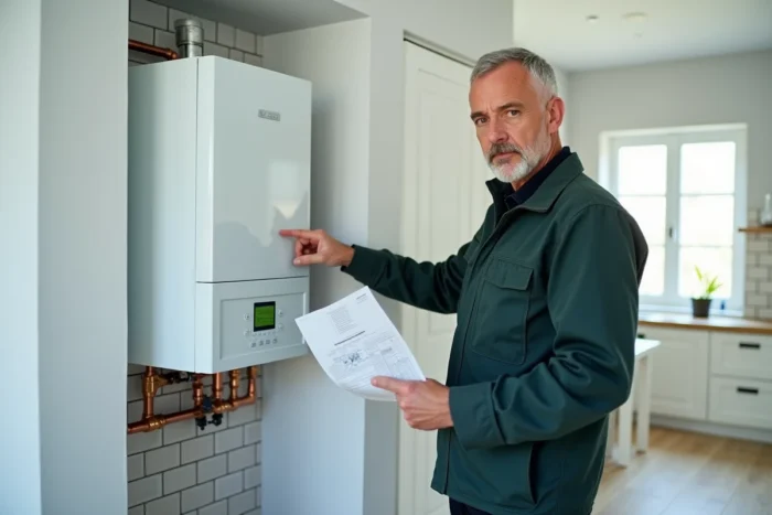 Technicien présentant une nouvelle chaudière à condensation installée dans une cuisine moderne après remplacement