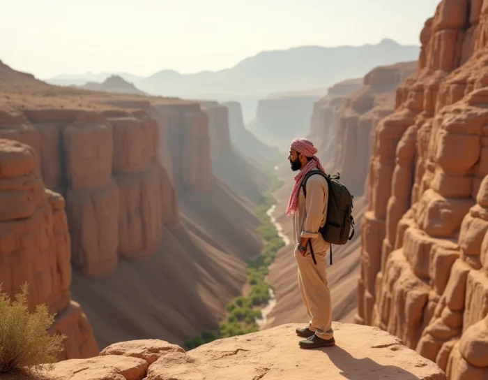 Un randonneur au bord d'un canyon du djebel Akhdar en Oman, avec des terrasses agricoles accrochées à la falaise et le désert de Wahiba en arrière-plan