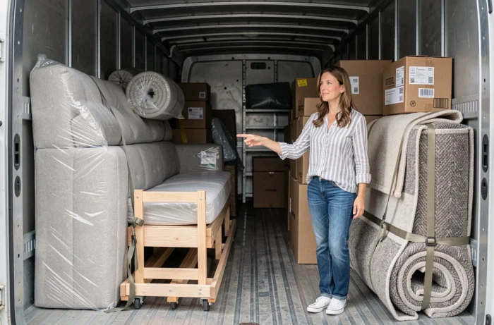Femme organisant le contenu d'un camion 15m3 rempli de meubles et cartons pour un déménagement