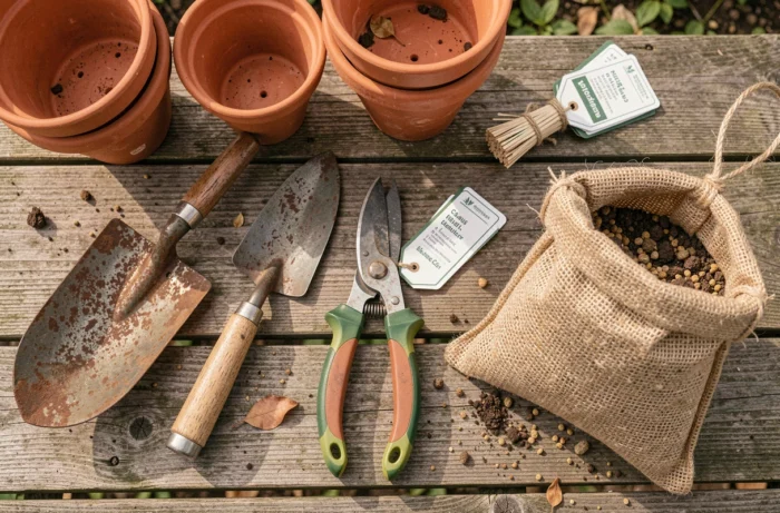 Vue en plongée d'un établi de jardinage avec outils, pots en terre cuite et accessoires essentiels pour l'aménagement du jardin