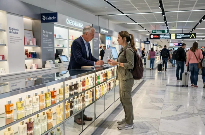 Comptoir de parfums duty-free dans un aéroport espagnol avec vendeur et cliente