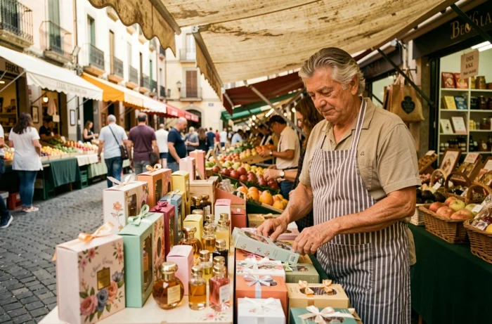 Étal de marché en plein air à Barcelone proposant des parfums et coffrets cadeaux à prix réduit