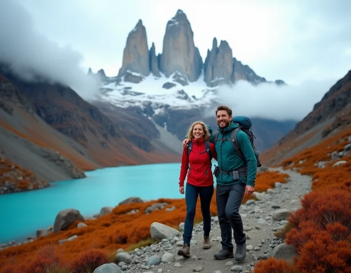 Deux randonneurs devant les tours granitiques de Torres del Paine en Patagonie chilienne, avec un lac glaciaire turquoise en contrebas