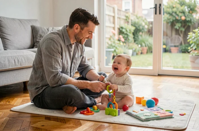 Père jouant avec son bébé de six mois sur un tapis d'éveil coloré dans un salon moderne