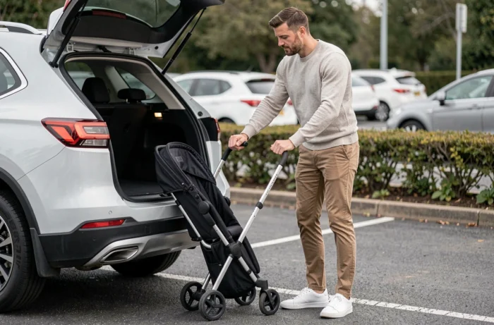 Père pliant une poussette compacte et légère près d'un coffre de voiture