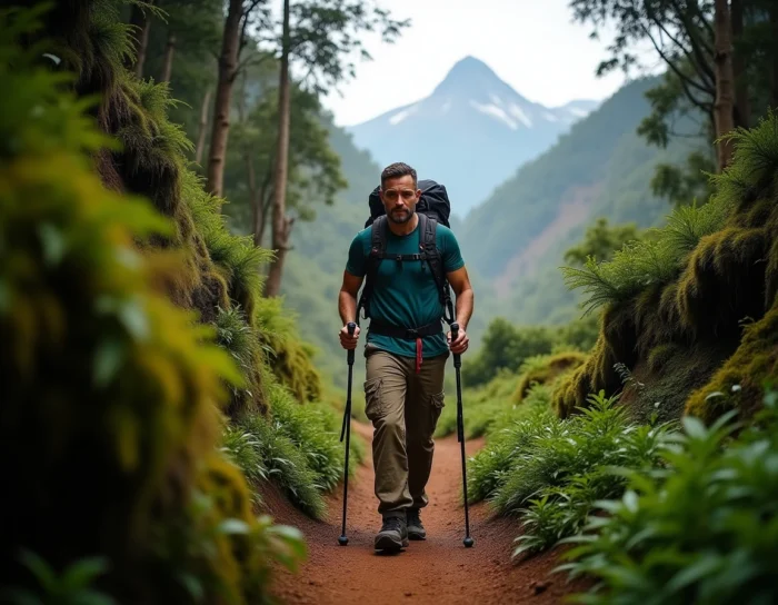 Un randonneur sur le trek du Salkantay au Pérou, traversant une forêt nuageuse andine sur la route du Machu Picchu