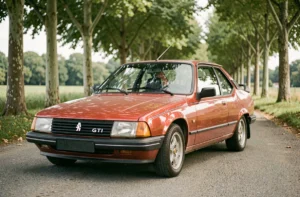 Peugeot 305 GTI rouge garée sur une route de campagne française bordée de platanes, vue 3/4 avant