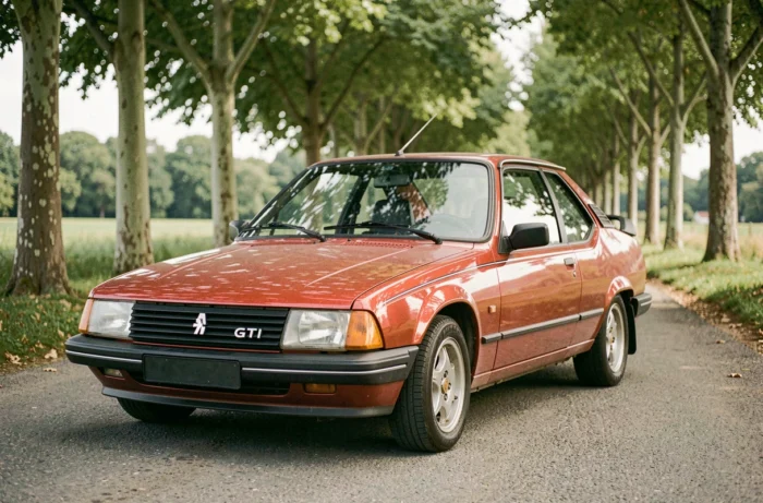 Peugeot 305 GTI rouge garée sur une route de campagne française bordée de platanes, vue 3/4 avant