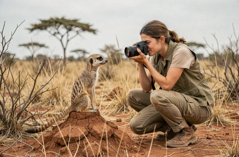 Photographe wildlife observant un suricate en pleine savane africaine, illustrant la curiosité des animaux sauvages