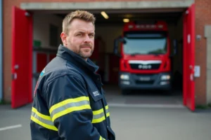 Pompier de la Gironde en tenue complète devant une caserne de pompiers bordelaise