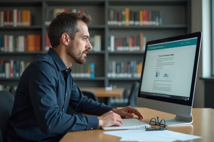 Homme consultant un portail d'inscription GRETA Montpellier sur un ordinateur dans une bibliothèque publique