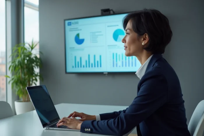 Femme professionnelle présentant des solutions numériques innovantes pour le CSE sur un écran mural avec tableaux de bord et outils juridiques