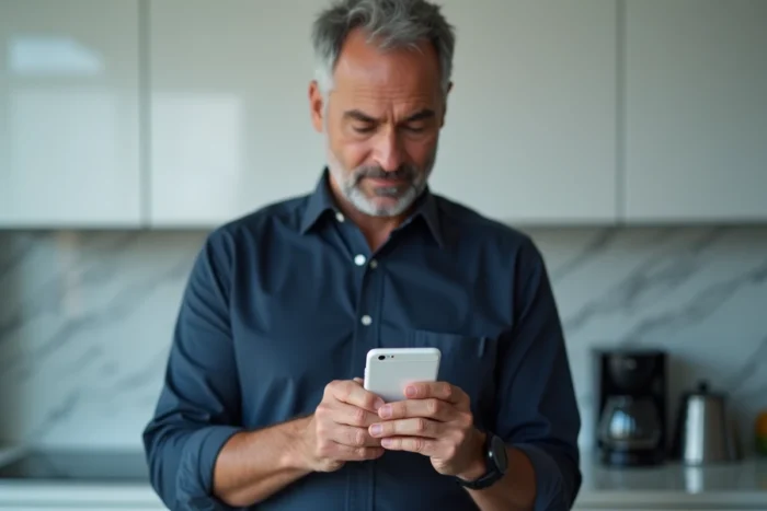 Homme d'âge mûr consultant son smartphone dans une cuisine moderne face à un problème de connexion MyFoncia