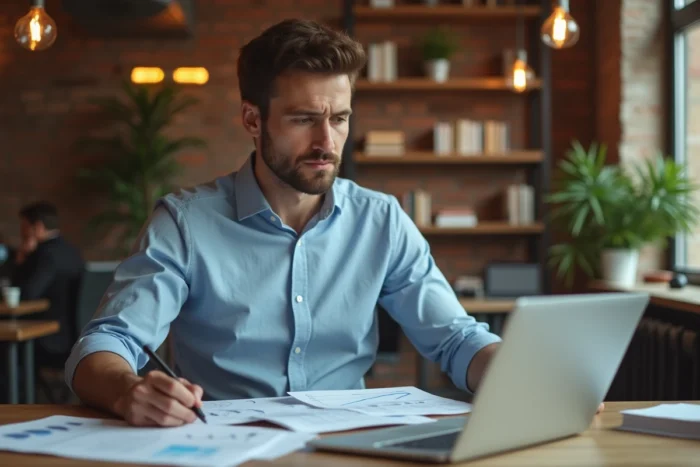 Professionnel de la finance analysant des rapports financiers et une application de gestion de patrimoine dans un espace de coworking parisien au style industriel