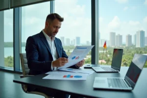 Un professionnel en costume marine examine des documents fiscaux dans un bureau moderne avec vue sur une ville côtière tropicale, illustrant l'optimisation fiscale à l'étranger