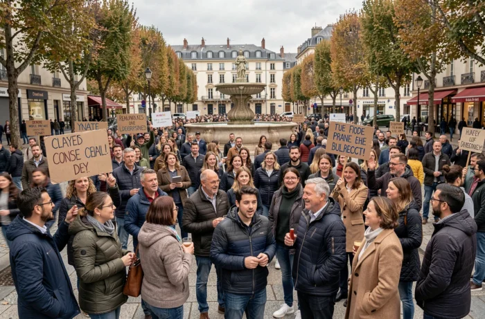 Rassemblement citoyen dans une place publique française pour débattre des enjeux politiques et sociaux