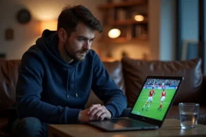 Homme regardant un match de rugby en direct sur son ordinateur portable depuis son salon