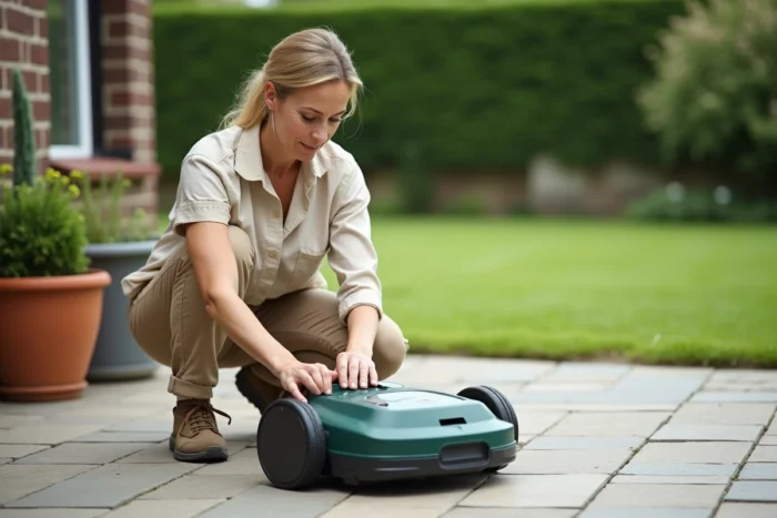 Femme réglant la hauteur de coupe de la tondeuse robot Gardena Sileno sur une terrasse de jardin