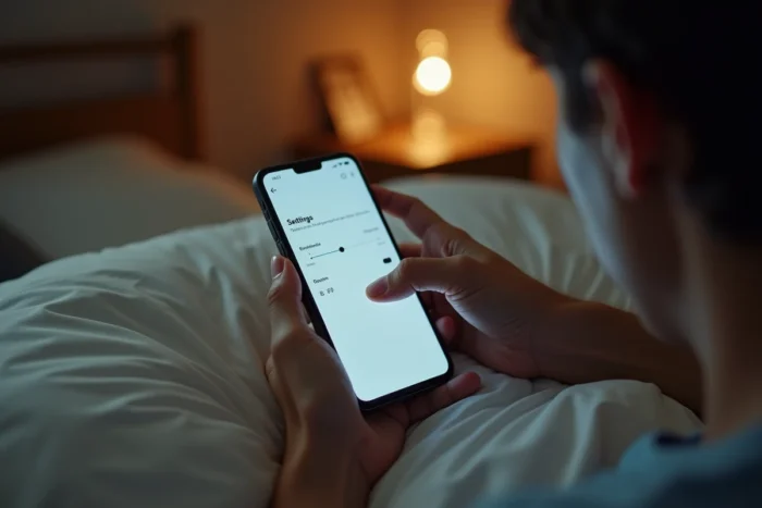 Une personne ajustant manuellement la luminosité de son smartphone via les réglages rapides pendant une session de lecture de manga au lit