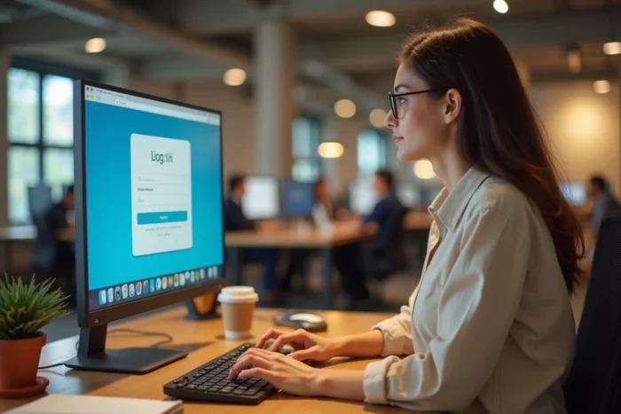 Jeune femme en espace de coworking réinitialisant son mot de passe pour accéder à son espace client MyFoncia