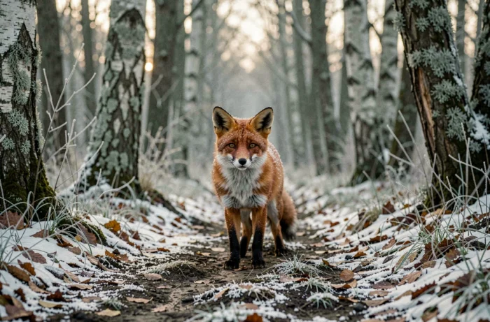 Renard roux alerte sur un sentier forestier givré en Europe, incarnant les secrets comportementaux des animaux sauvages