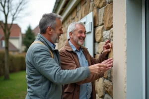 Couple de propriétaires inspectant l'isolation extérieure de leur maison rénovée pour améliorer l'efficacité énergétique