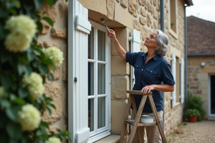 Femme repeignant un volet blanc sur la façade en pierre d'une maison de campagne depuis un escabeau en bois